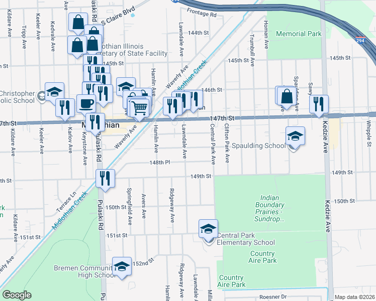 map of restaurants, bars, coffee shops, grocery stores, and more near 14801 Lawndale Avenue in Midlothian