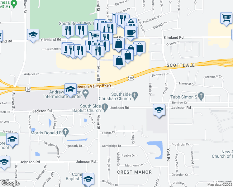 map of restaurants, bars, coffee shops, grocery stores, and more near 1220 East Fairington Circle in South Bend