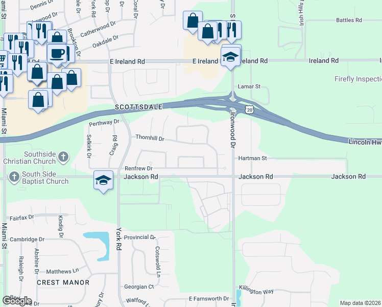 map of restaurants, bars, coffee shops, grocery stores, and more near 1968 Broadford Drive in South Bend