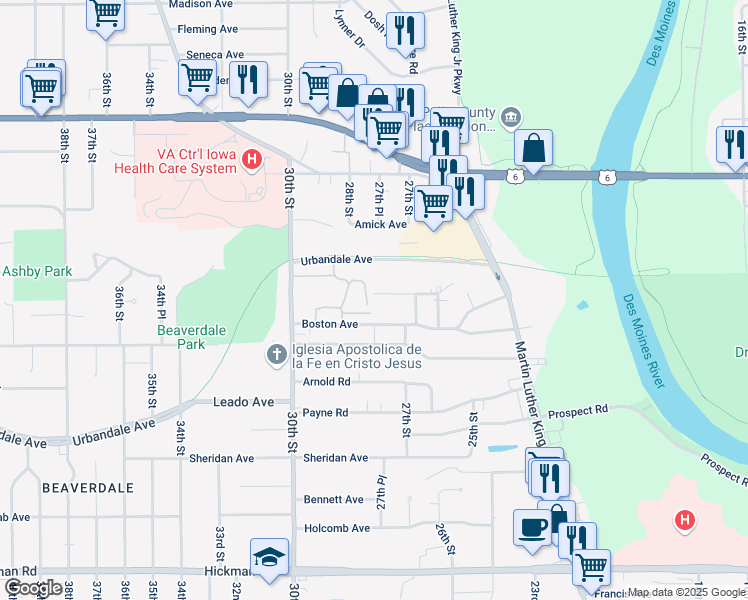 map of restaurants, bars, coffee shops, grocery stores, and more near 2730 Ashby Avenue in Des Moines