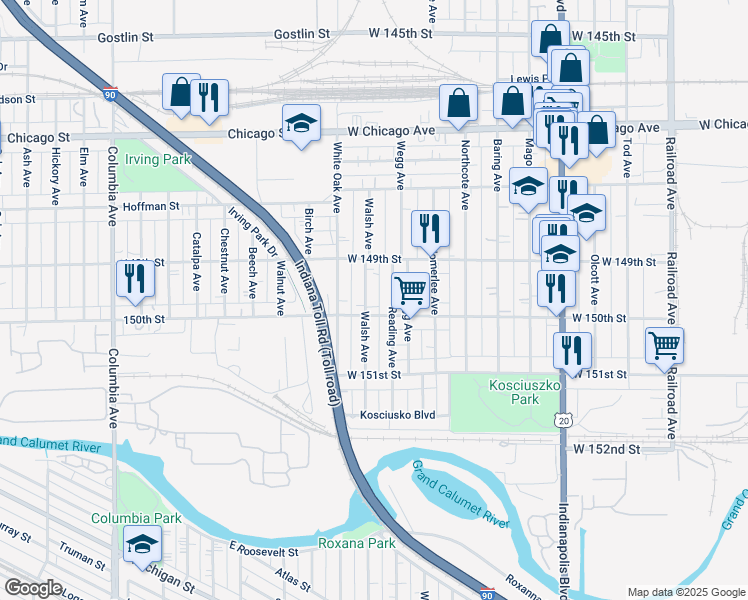 map of restaurants, bars, coffee shops, grocery stores, and more near 4939 Walsh Avenue in East Chicago