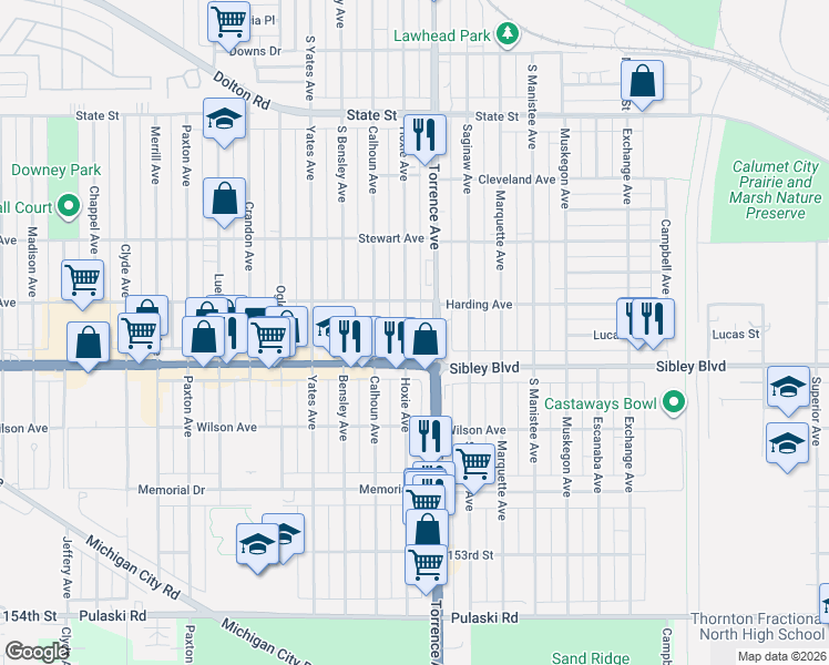 map of restaurants, bars, coffee shops, grocery stores, and more near 470 Torrence Avenue in Calumet City