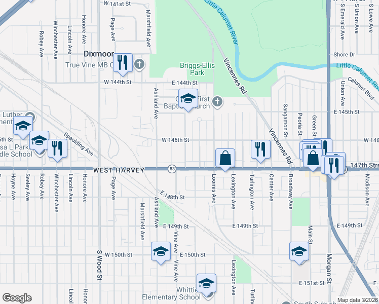 map of restaurants, bars, coffee shops, grocery stores, and more near 14624 Myrtle Avenue in Harvey