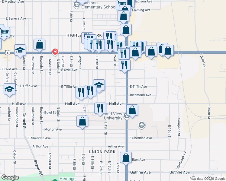 map of restaurants, bars, coffee shops, grocery stores, and more near 3109 East 13th Street in Des Moines
