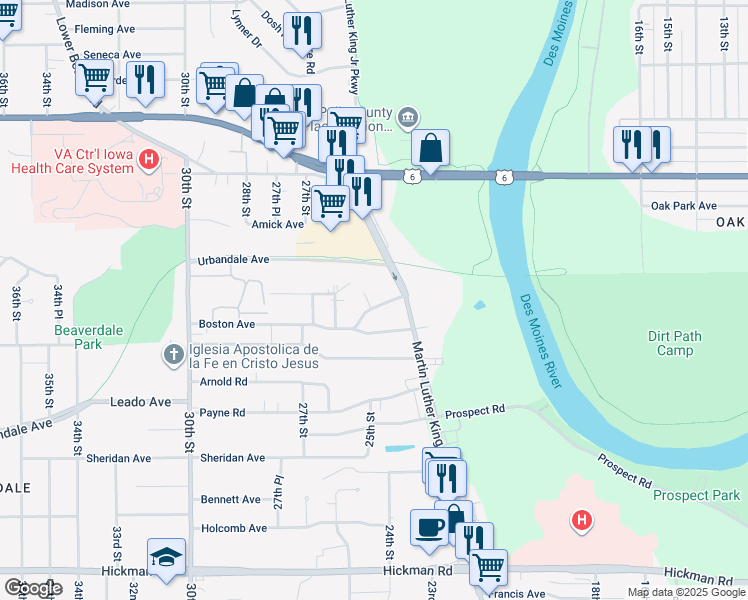 map of restaurants, bars, coffee shops, grocery stores, and more near 3114 Glenarm Court in Des Moines