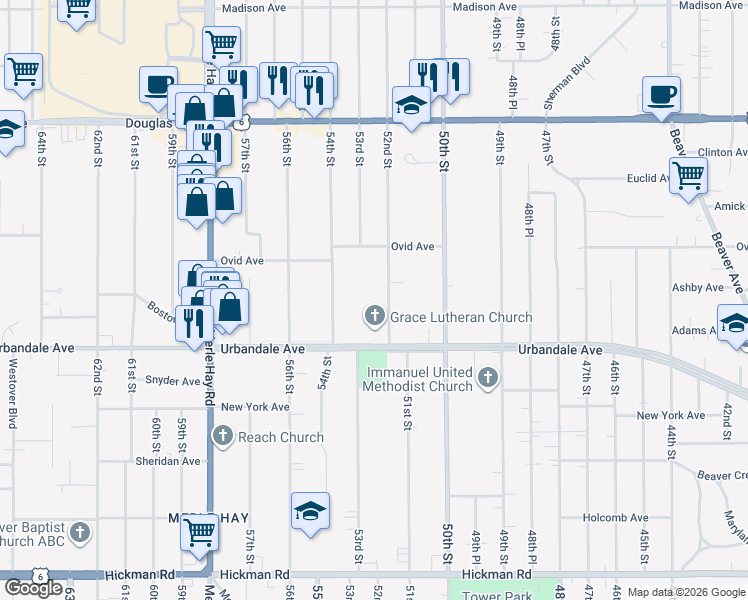 map of restaurants, bars, coffee shops, grocery stores, and more near 3111 52nd Street in Des Moines