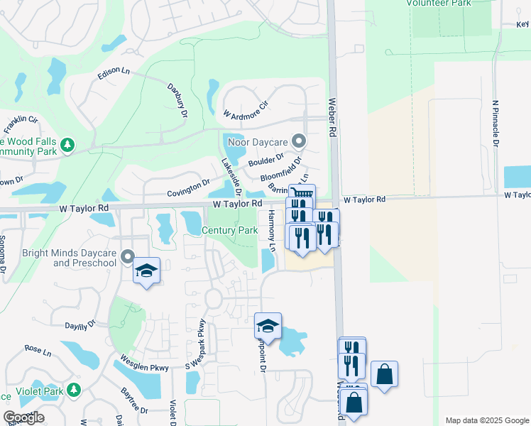 map of restaurants, bars, coffee shops, grocery stores, and more near 12 Harmony Lane in Romeoville