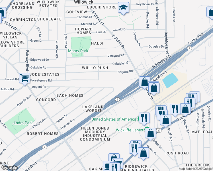 map of restaurants, bars, coffee shops, grocery stores, and more near 30303 Regent Road in Wickliffe