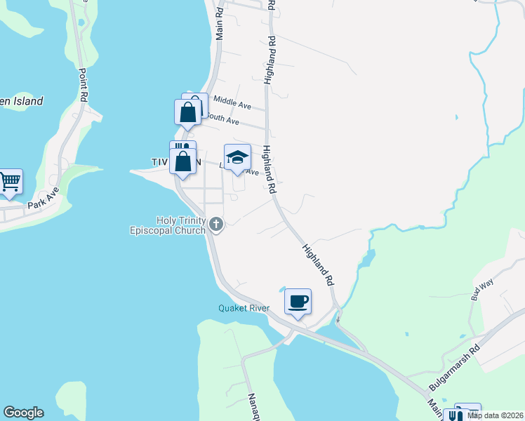 map of restaurants, bars, coffee shops, grocery stores, and more near 31 Farnsworth Ave in Tiverton