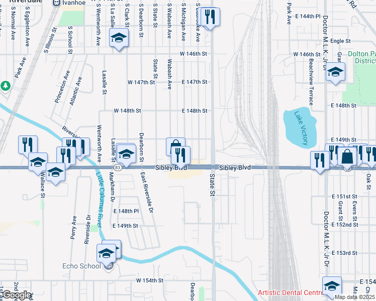 map of restaurants, bars, coffee shops, grocery stores, and more near 14919 Michigan Avenue in Dolton