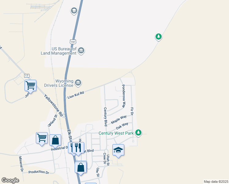 map of restaurants, bars, coffee shops, grocery stores, and more near 1030 Cypress Circle in Rock Springs