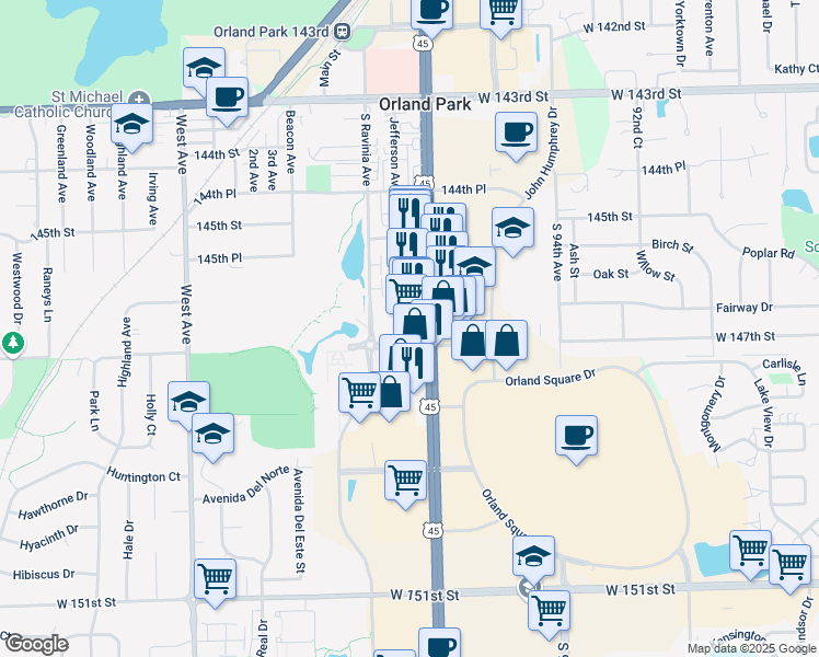 map of restaurants, bars, coffee shops, grocery stores, and more near 14680 South La Grange Road in Orland Park