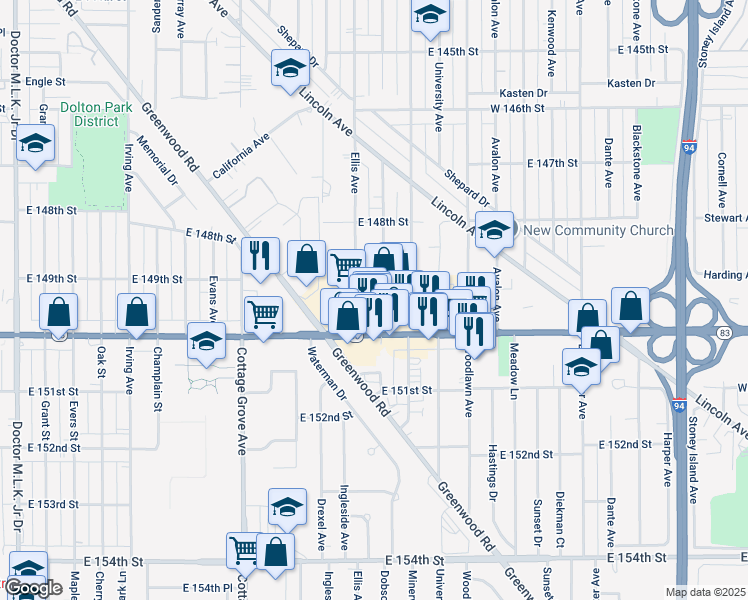 map of restaurants, bars, coffee shops, grocery stores, and more near 1020 Sibley Boulevard in Dolton