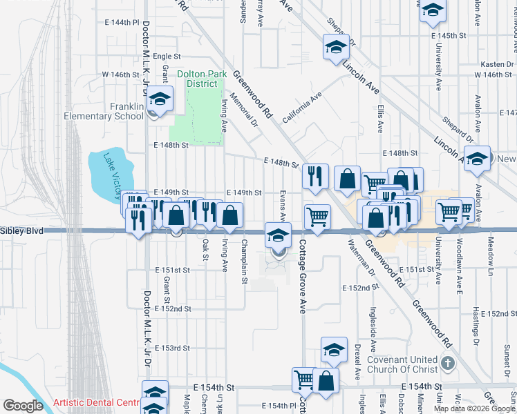 map of restaurants, bars, coffee shops, grocery stores, and more near 14916 Langley Avenue in Dolton
