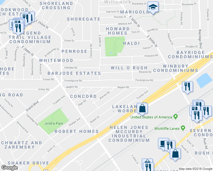 map of restaurants, bars, coffee shops, grocery stores, and more near 30093 Regent Road in Wickliffe