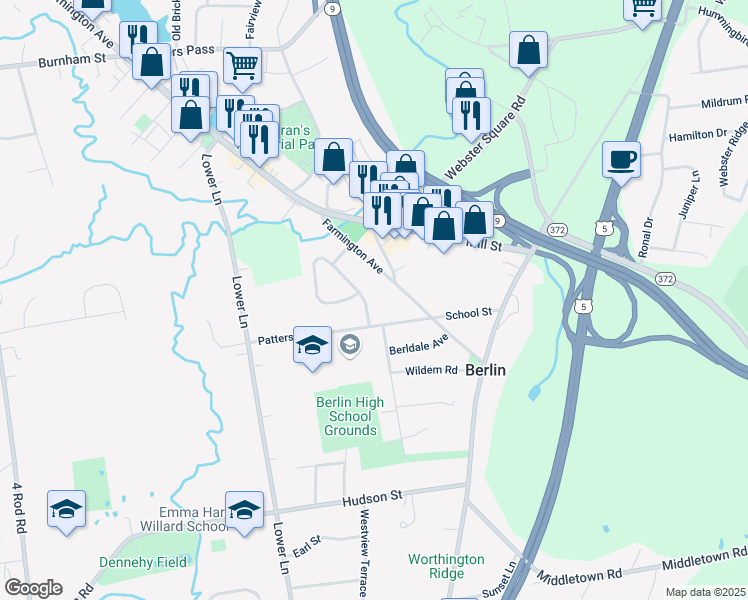 map of restaurants, bars, coffee shops, grocery stores, and more near 48 Patterson Way in Berlin