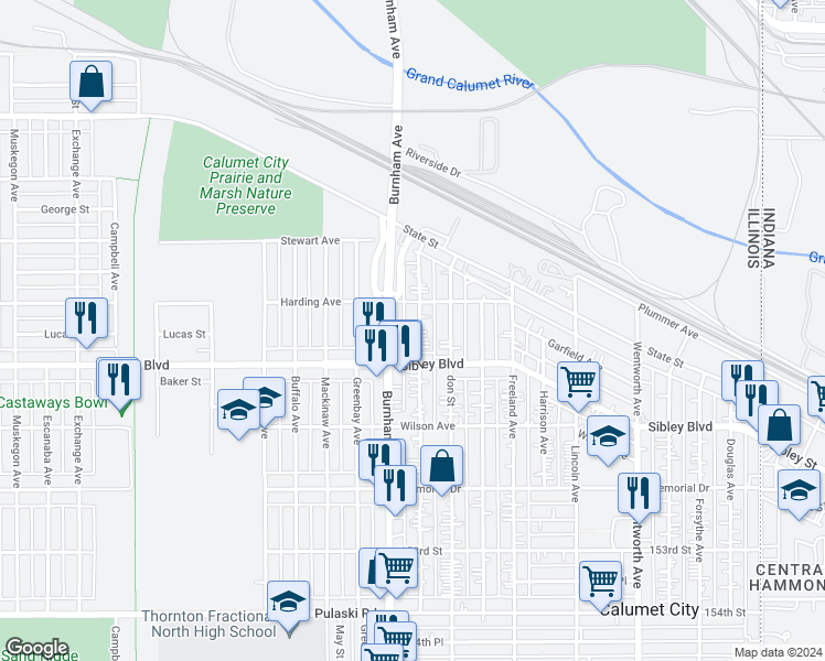 map of restaurants, bars, coffee shops, grocery stores, and more near 448 Hirsch Avenue in Calumet City