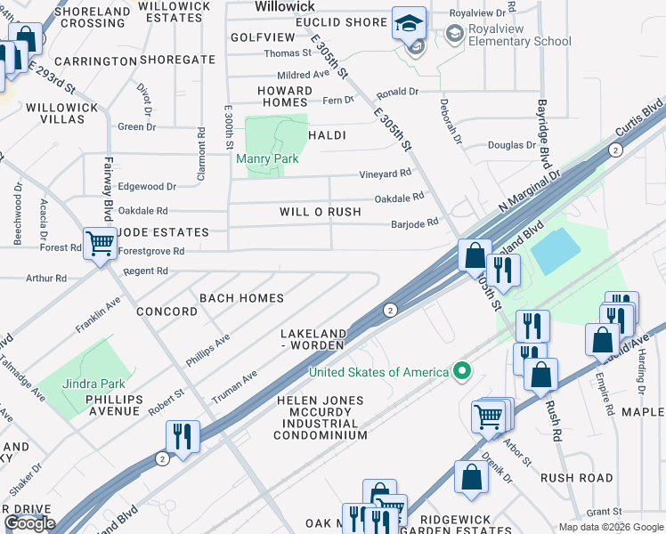 map of restaurants, bars, coffee shops, grocery stores, and more near 30231 Regent Road in Wickliffe