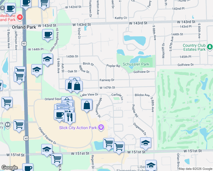 map of restaurants, bars, coffee shops, grocery stores, and more near 9100 West 147th Street in Orland Park