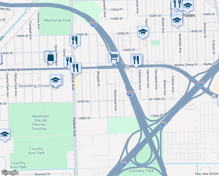 map of restaurants, bars, coffee shops, grocery stores, and more near 14821 Sacramento Avenue in Posen