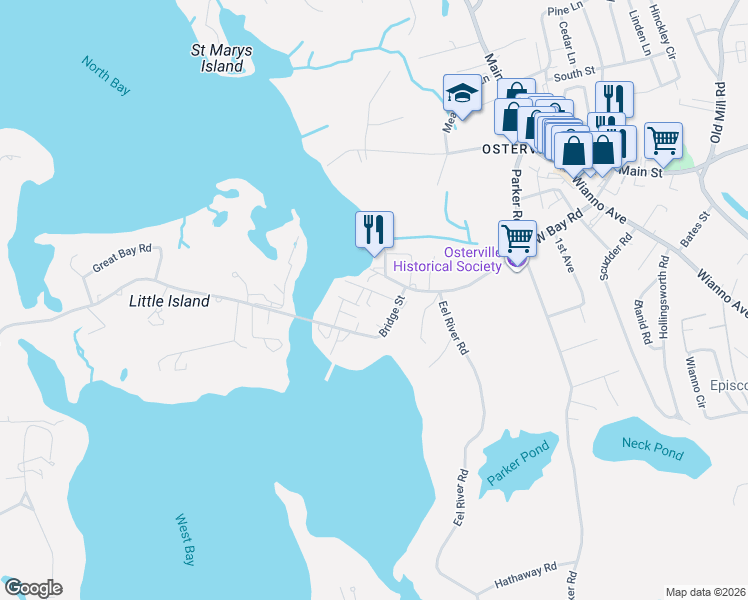 map of restaurants, bars, coffee shops, grocery stores, and more near 21 Cockachoiset Lane in Barnstable