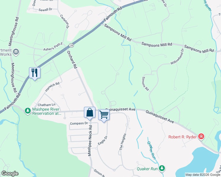 map of restaurants, bars, coffee shops, grocery stores, and more near 23 North Glen Drive in Mashpee