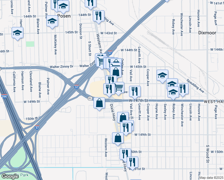 map of restaurants, bars, coffee shops, grocery stores, and more near 14600 South Western Avenue in Posen