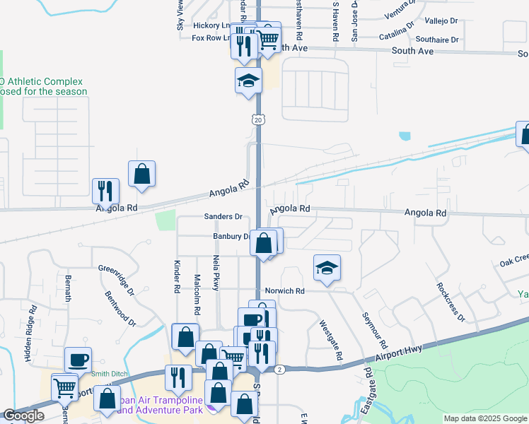 map of restaurants, bars, coffee shops, grocery stores, and more near 5151 Angola Road in Toledo