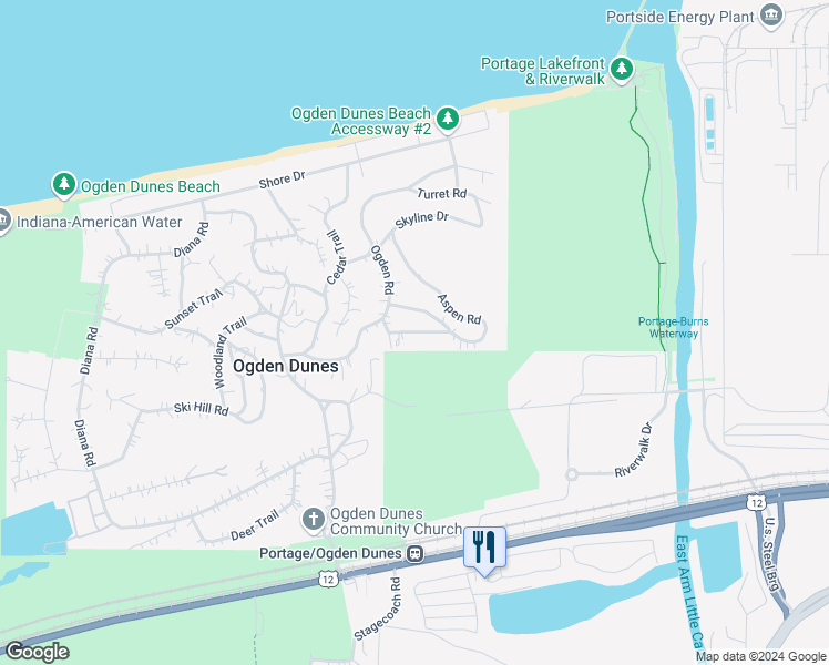 map of restaurants, bars, coffee shops, grocery stores, and more near Bittersweet Lane in Ogden Dunes