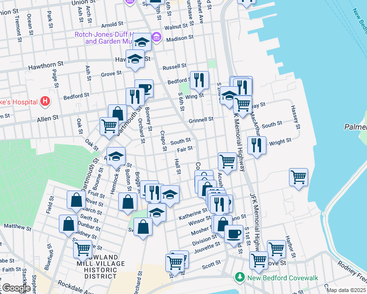 map of restaurants, bars, coffee shops, grocery stores, and more near 29 Fair Street in New Bedford