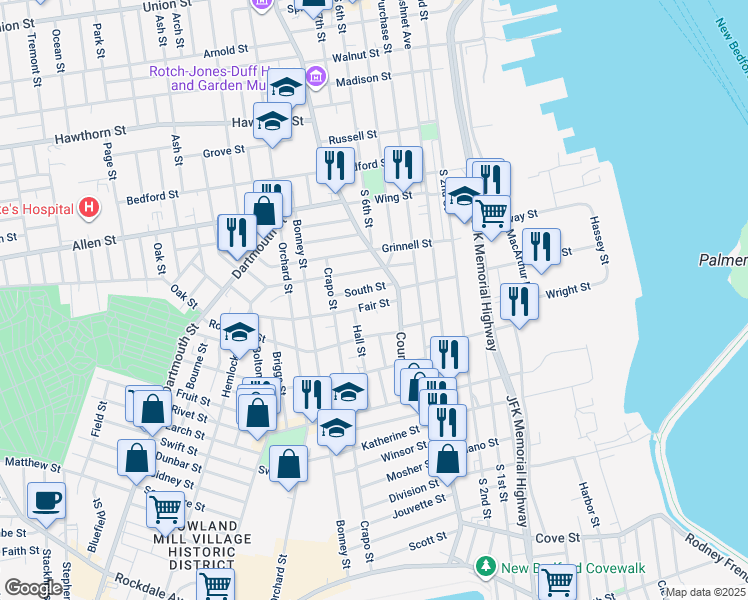 map of restaurants, bars, coffee shops, grocery stores, and more near 29 Fair Street in New Bedford