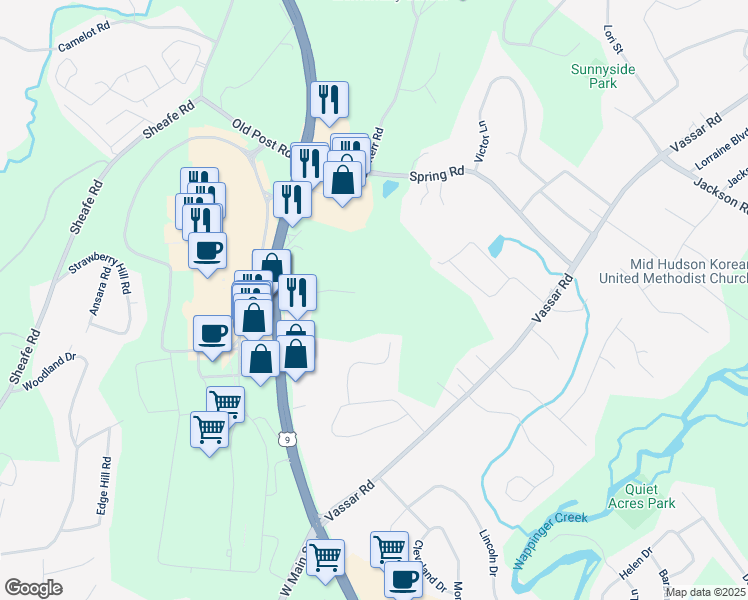 map of restaurants, bars, coffee shops, grocery stores, and more near 1964 South Road in Poughkeepsie