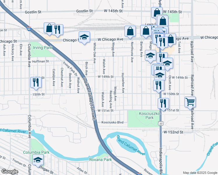 map of restaurants, bars, coffee shops, grocery stores, and more near 4939 Walsh Avenue in East Chicago