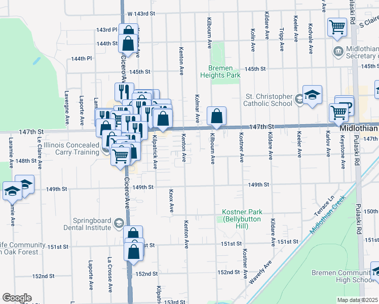 map of restaurants, bars, coffee shops, grocery stores, and more near Kenton Avenue in Midlothian