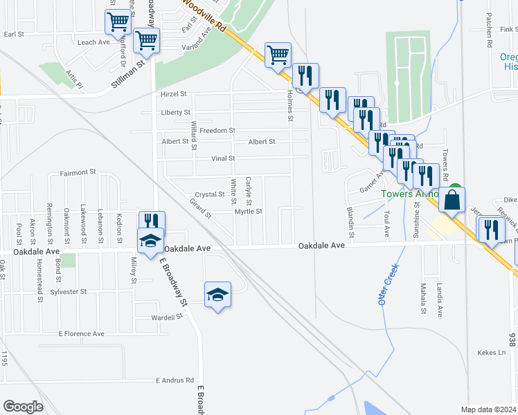 map of restaurants, bars, coffee shops, grocery stores, and more near 1446 Emerson Street in Toledo