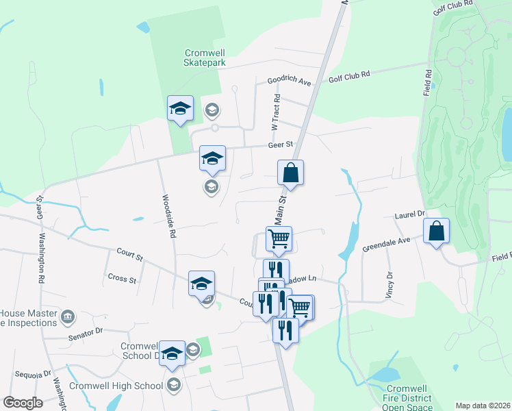 map of restaurants, bars, coffee shops, grocery stores, and more near 17 Wildwood Road in Cromwell