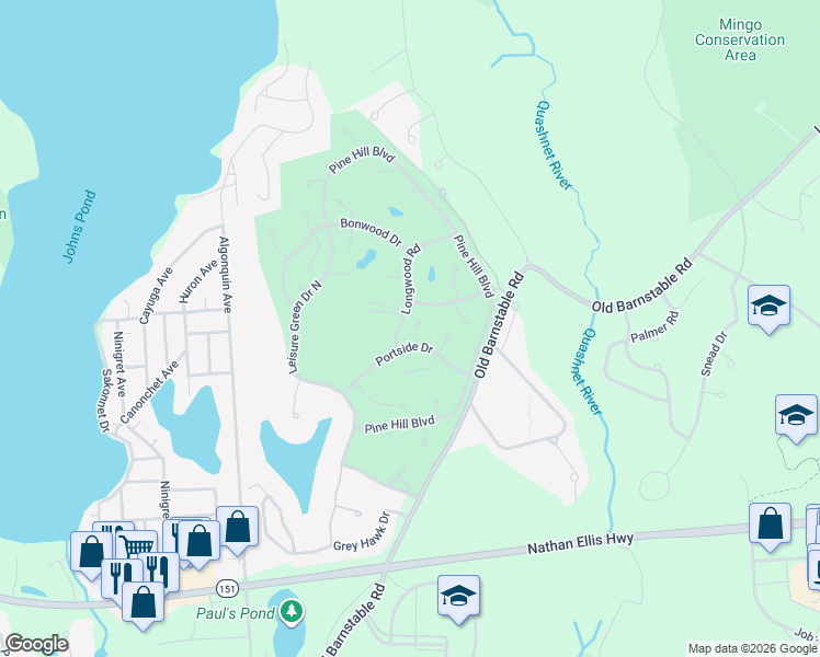 map of restaurants, bars, coffee shops, grocery stores, and more near 1 Upland Circle in Mashpee