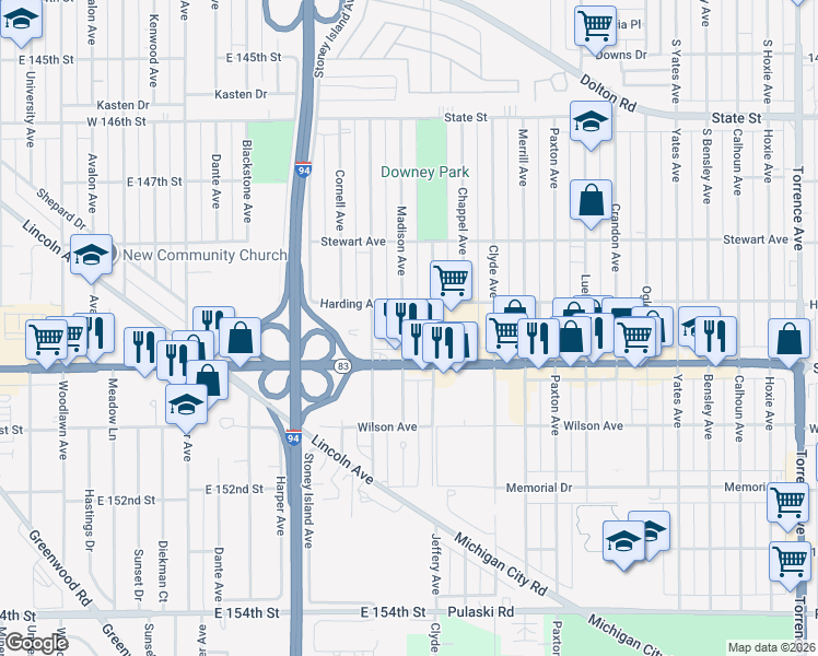 map of restaurants, bars, coffee shops, grocery stores, and more near 445 Madison Avenue in Calumet City