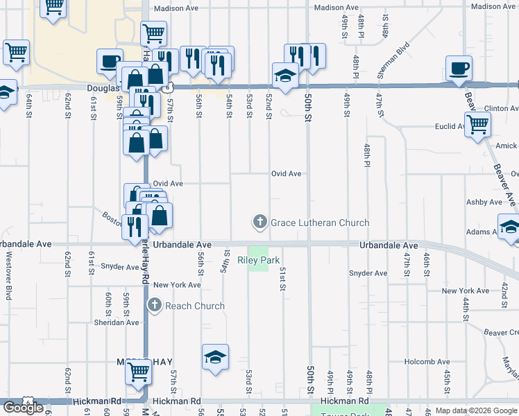 map of restaurants, bars, coffee shops, grocery stores, and more near 3111 52nd Street in Des Moines