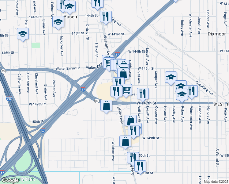 map of restaurants, bars, coffee shops, grocery stores, and more near 14600 South Western Avenue in Posen