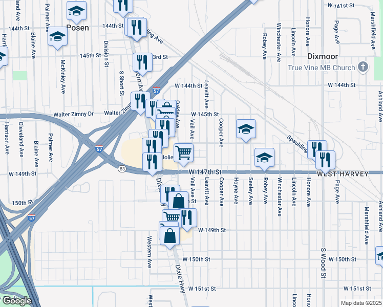 map of restaurants, bars, coffee shops, grocery stores, and more near 2229 Joliet Street in Dixmoor