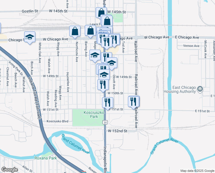 map of restaurants, bars, coffee shops, grocery stores, and more near 712 West 150th Street in East Chicago