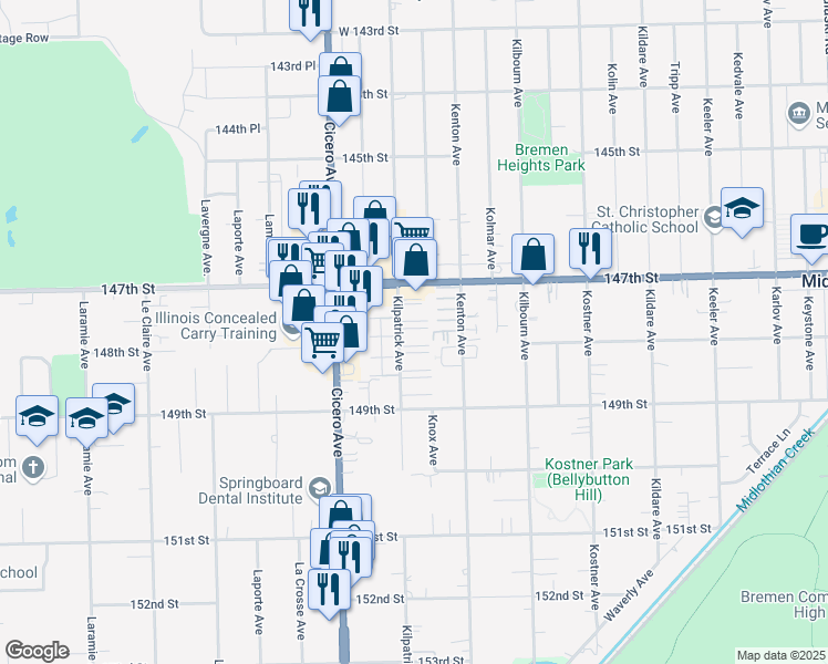 map of restaurants, bars, coffee shops, grocery stores, and more near 14733 Kilpatrick Avenue in Midlothian