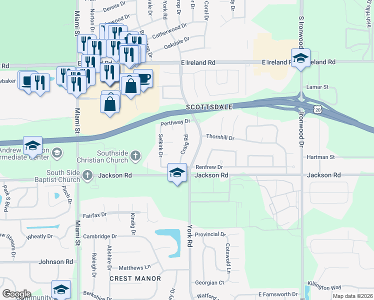 map of restaurants, bars, coffee shops, grocery stores, and more near 5009 Craig Road in South Bend