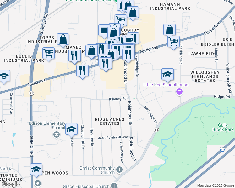map of restaurants, bars, coffee shops, grocery stores, and more near 36175 Kilarney Road in Willoughby