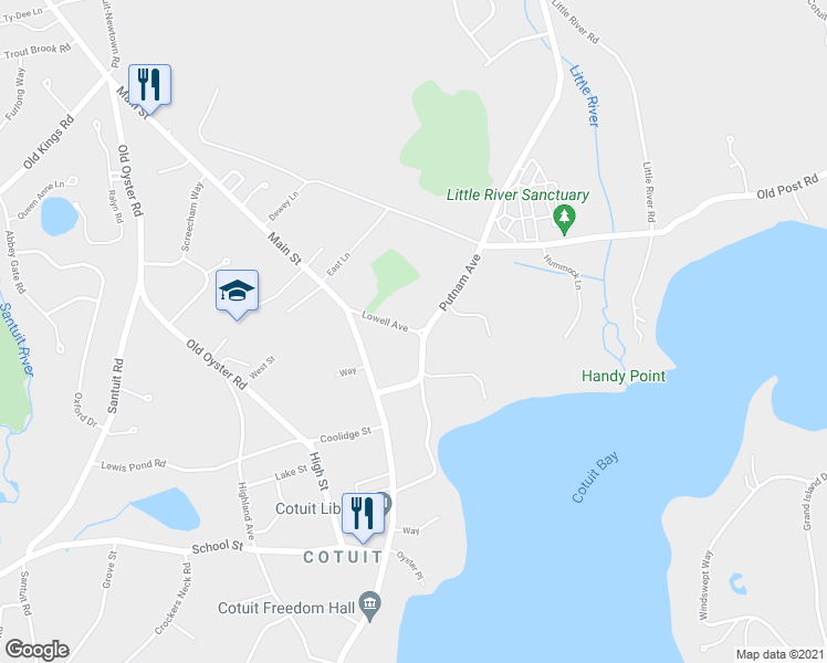 map of restaurants, bars, coffee shops, grocery stores, and more near 1 Lowell Avenue in Barnstable