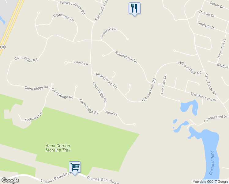 map of restaurants, bars, coffee shops, grocery stores, and more near 55 Hill and Plain Road in Falmouth