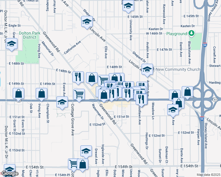 map of restaurants, bars, coffee shops, grocery stores, and more near 1020 Sibley Boulevard in Dolton