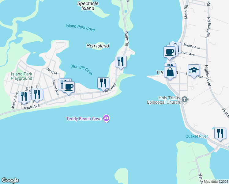 map of restaurants, bars, coffee shops, grocery stores, and more near 175 Seaconnet Boulevard in Portsmouth