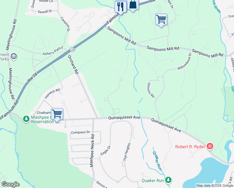 map of restaurants, bars, coffee shops, grocery stores, and more near 23 North Glen Drive in Mashpee